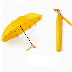 2019オートオープンイエローアヒル木製ハンドルフック2折りたたみ傘
